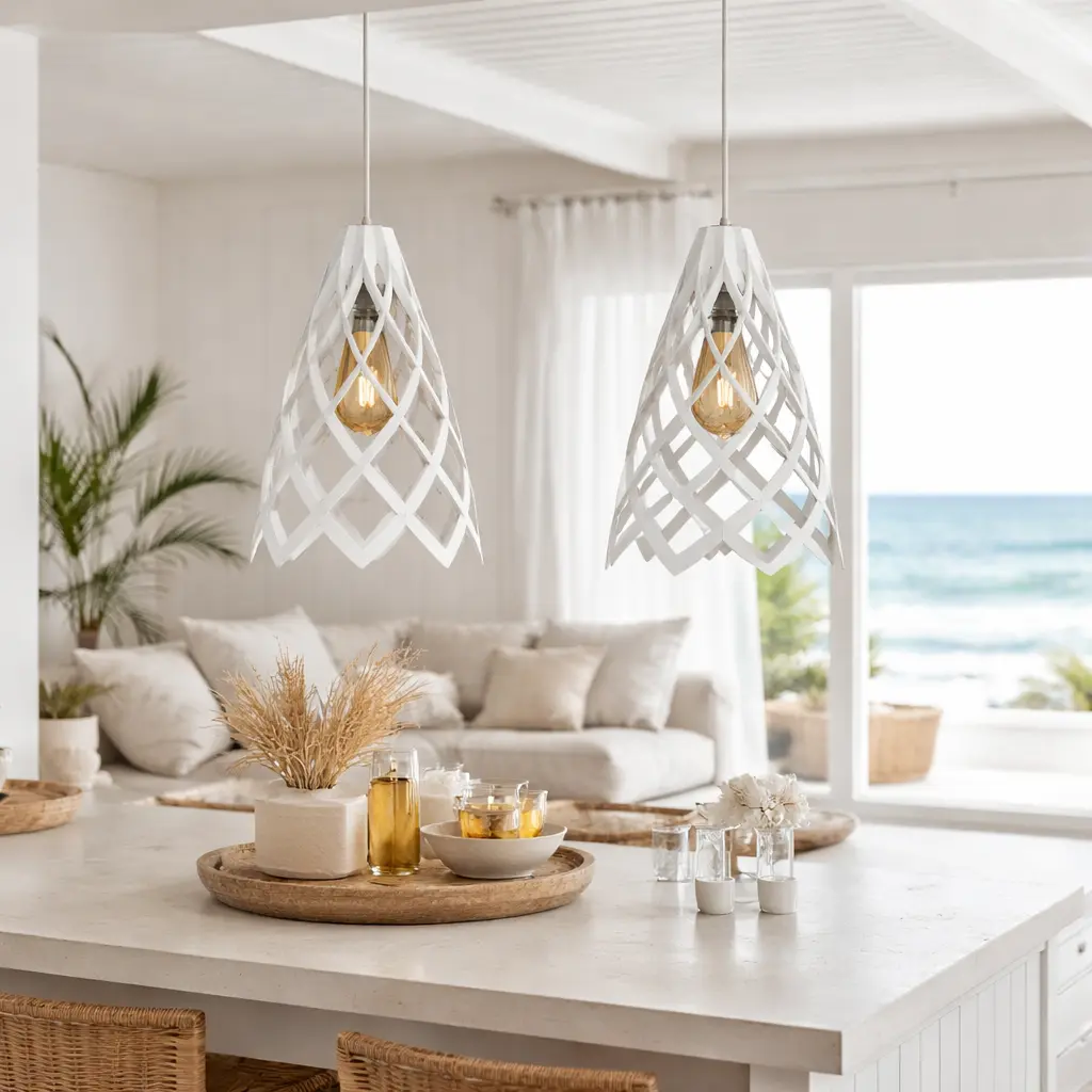 Cocina costera con luces pendientes.webp