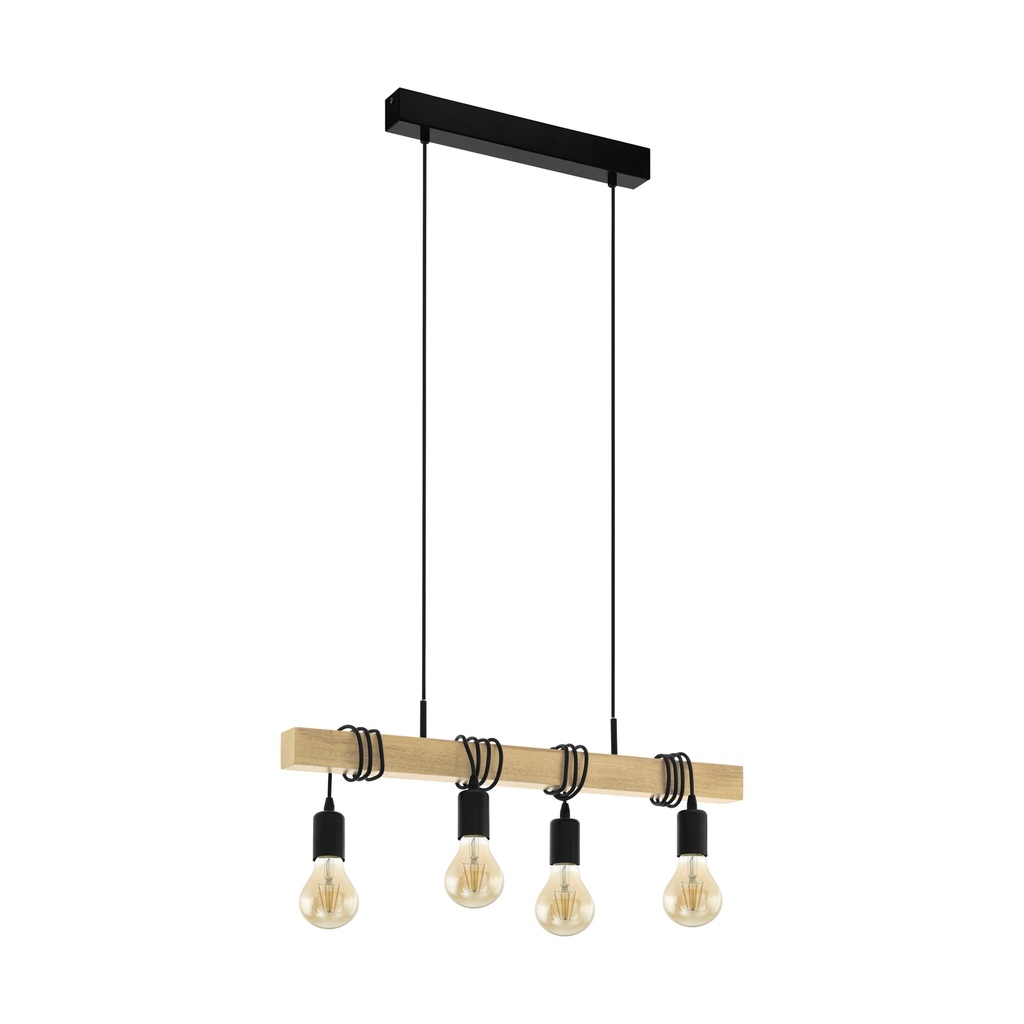 Lamp. Colg. 4L E27 Metal Negro+Madera Natural (700x100)mm