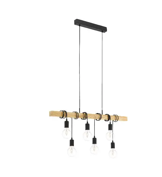 Lamp. Colg. 6L E27 Metal Negro+Madera Natural (1000x100)mm